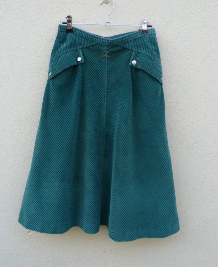 jupe trapèse vintage 70 Courrèges velours côtelé vert émeraude XS