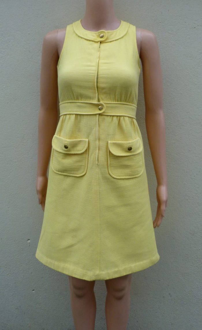 robe vintage Courrèges ligne hyperbole années 70 jaune 32/34 maxi