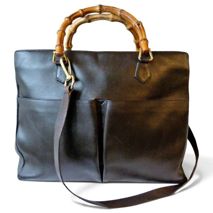 grand sac vintage 90 Gucci bamboo 2 way en cuir marron