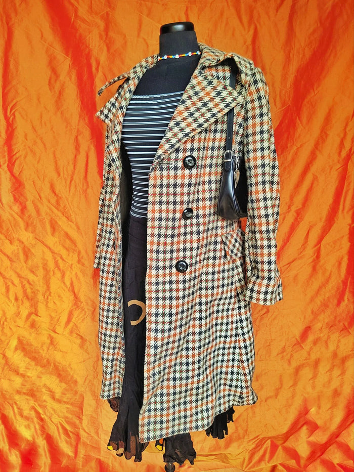 Trench long motif pied-de-poule - Vintage, fait main - taille 42/44