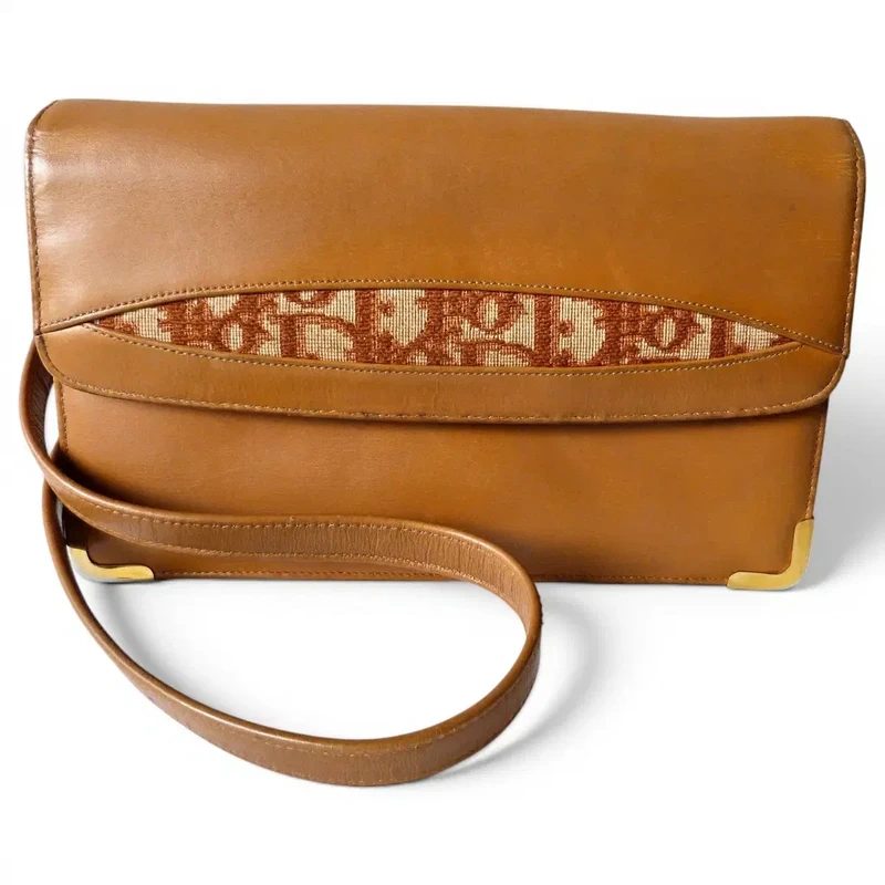 Sac à main Christian Dior vintage 70/80 Cuir Camel & Toile Oblique