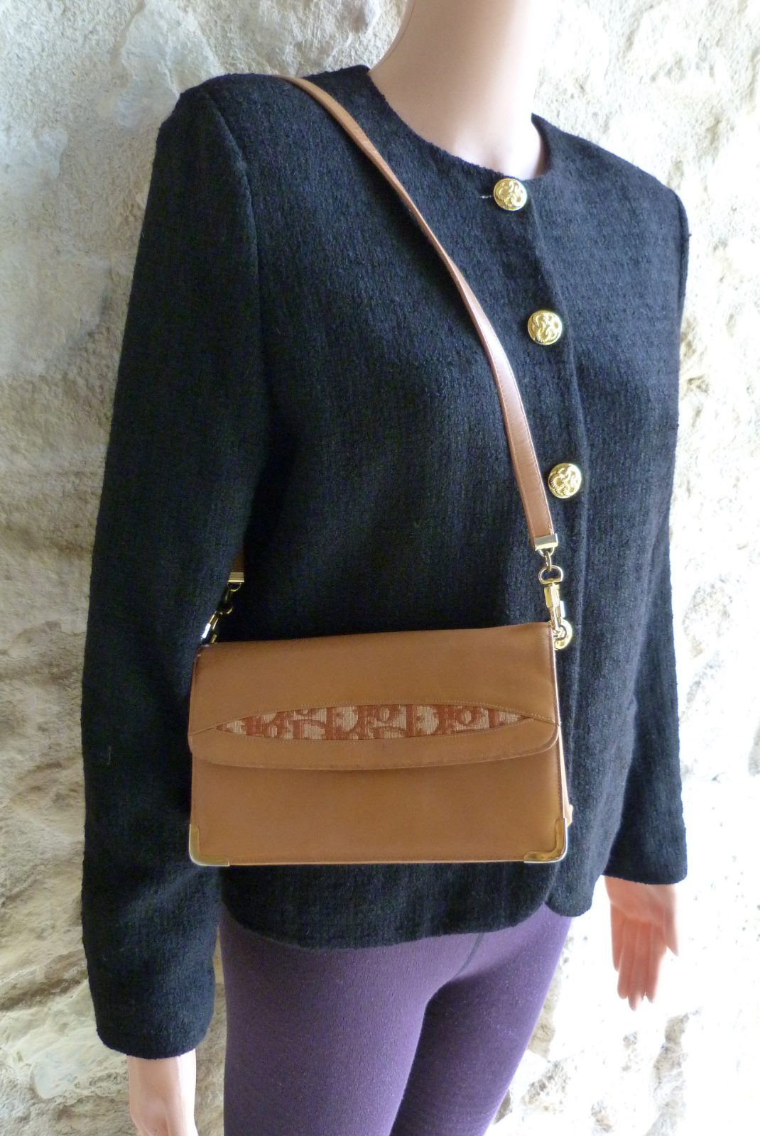 Sac à main Christian Dior vintage 70/80 Cuir Camel & Toile Oblique