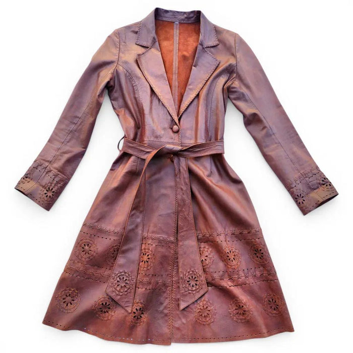 Trench cuir bohème chic hippie dentelle de cuir vintage 70s taille 36