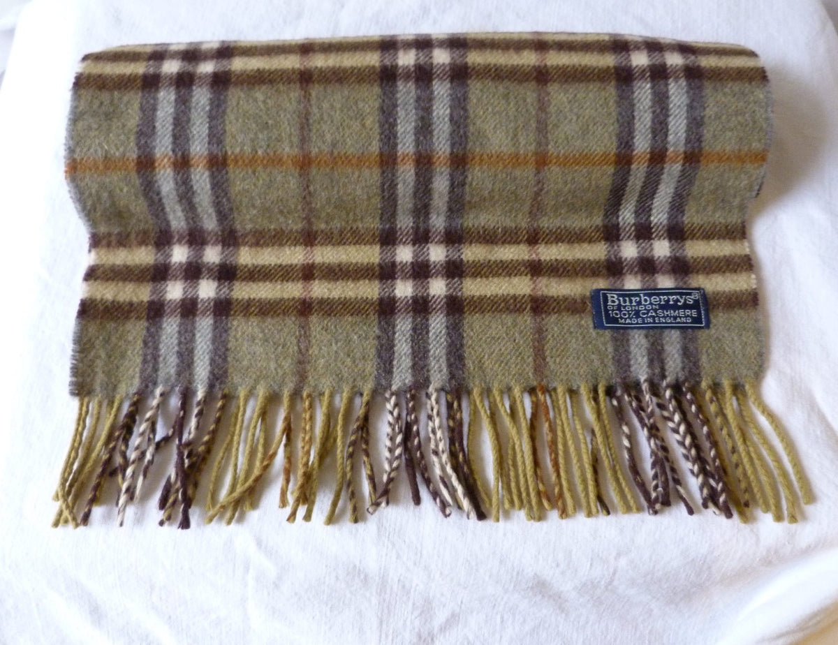 écharpe vintage 1985 Burberrys 100% cachemire kaki olive parfait état