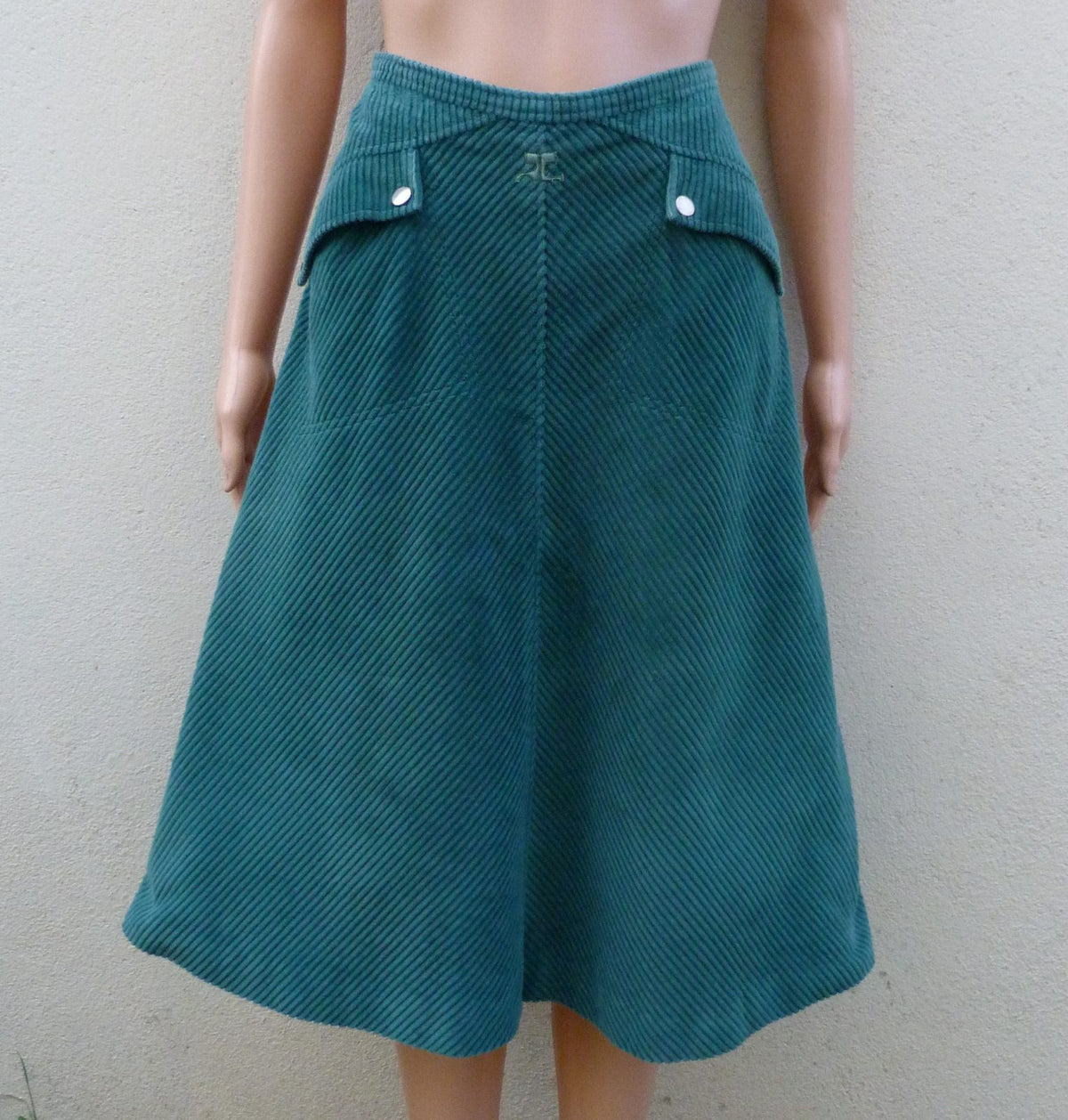 jupe trapèse vintage 70 Courrèges velours côtelé vert émeraude XS