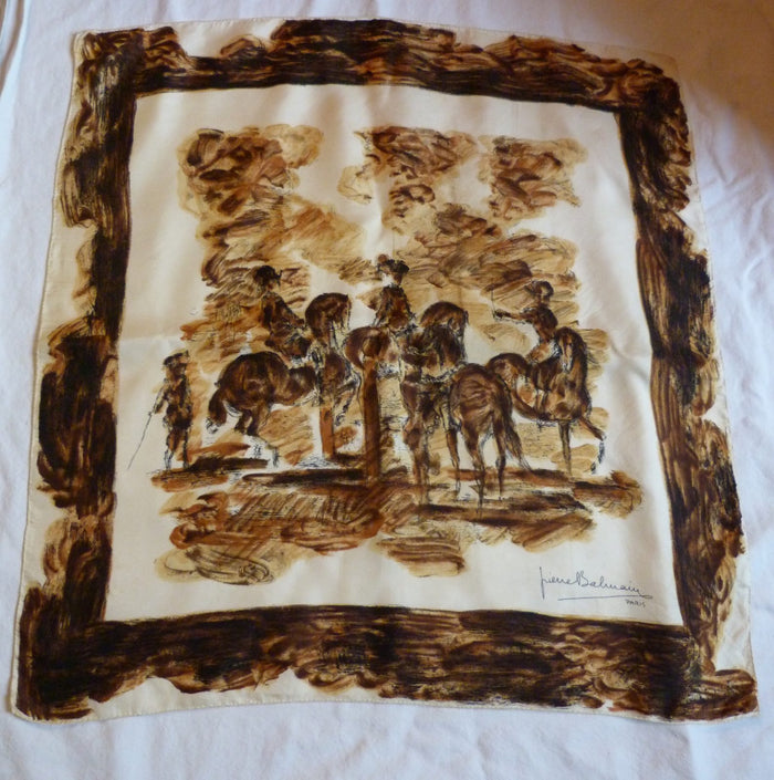rare foulard soie Pierre Balmain Paris années 1950 motifs Cavaliers scène équest