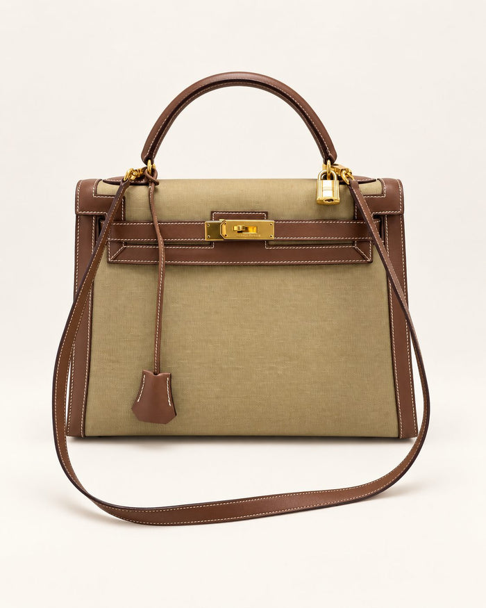 HERMÈS Sac Kelly Sellier 32 Toile Khaki and Box