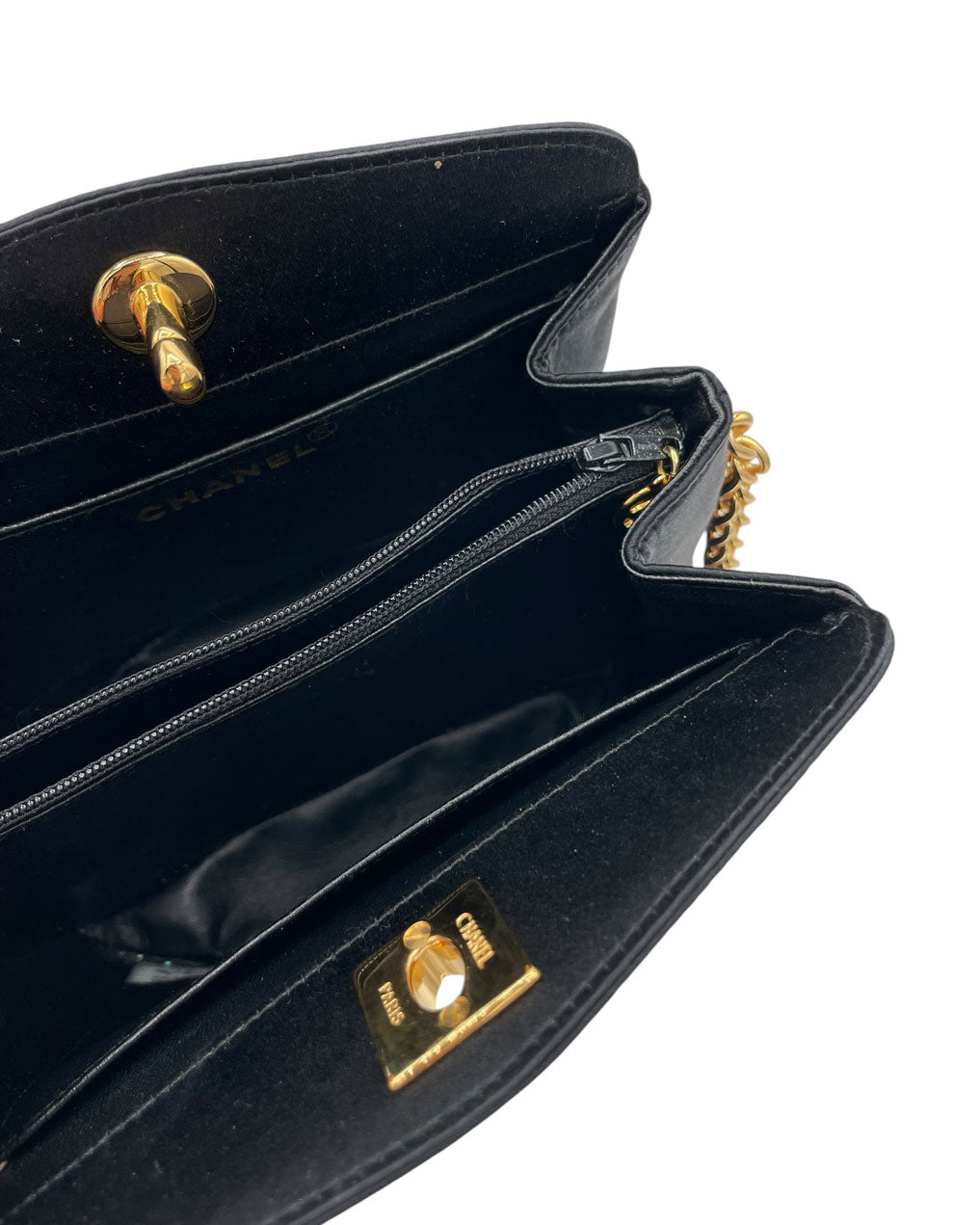 CHANEL MINI IN BLACK SATIN GOLD HARDWARE